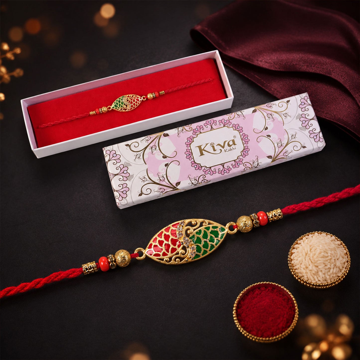 Red & Green Marquise Meenakari Designer Rakhi for Brother Gift Set Combo