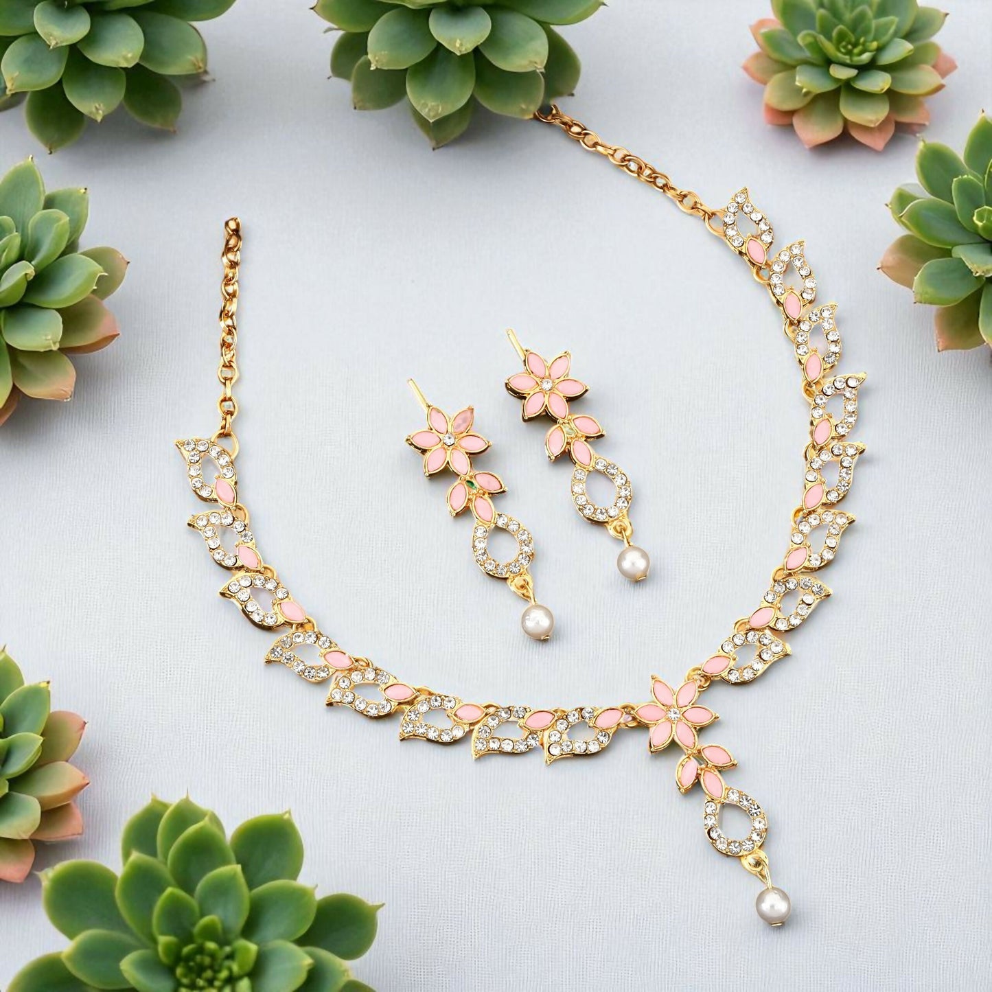 Delicate Baby Pink Floral & Crystal Necklace Set with Pearl Drop
