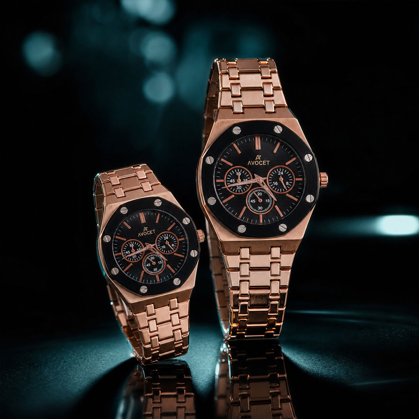 Rose Gold Couple Watch Set with Black Dial Chronograph Style Metal Strap