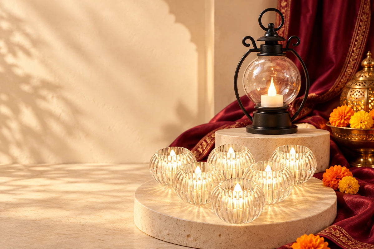 Lanterns & crystal tealights for a warm festive glow.