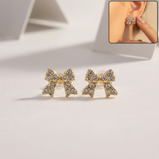 Elegant Crystal Bow Stud Earrings for Women | Gold Plated Rhinestone Ribbon Earrings | Cute Korean Style Party & Daily Wear