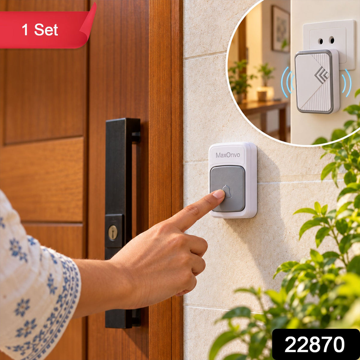 Plug In Wireless Doorbell with Push Button, Melody & Volume Control (1 Set)
