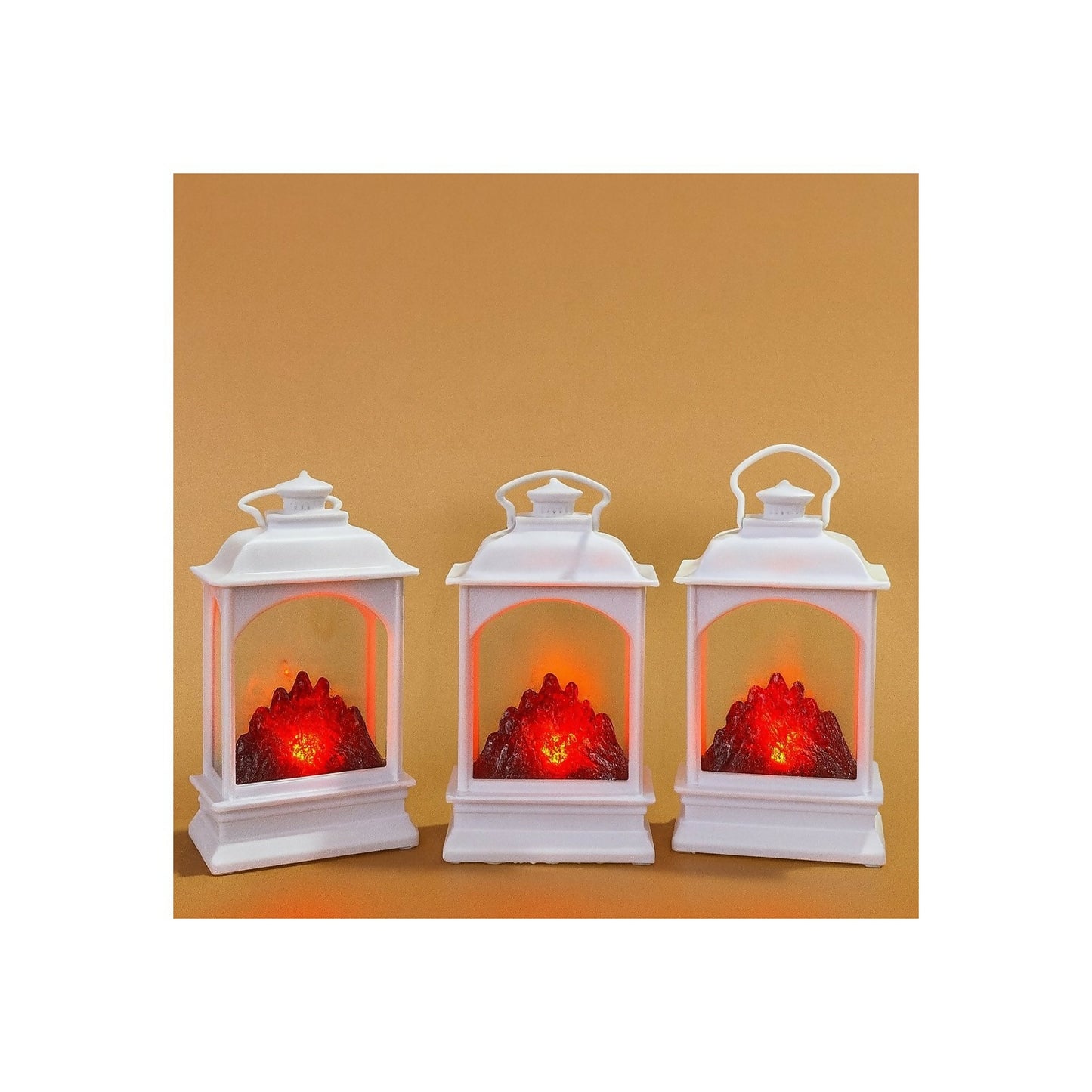 Decorative White LED Lantern with Simulated Fire Flame Effect | Battery Operated Flameless Lantern Light for Home Décor, Living Room, Bedroom, Garden, Diwali, Christmas & Gifting – Set of 3
