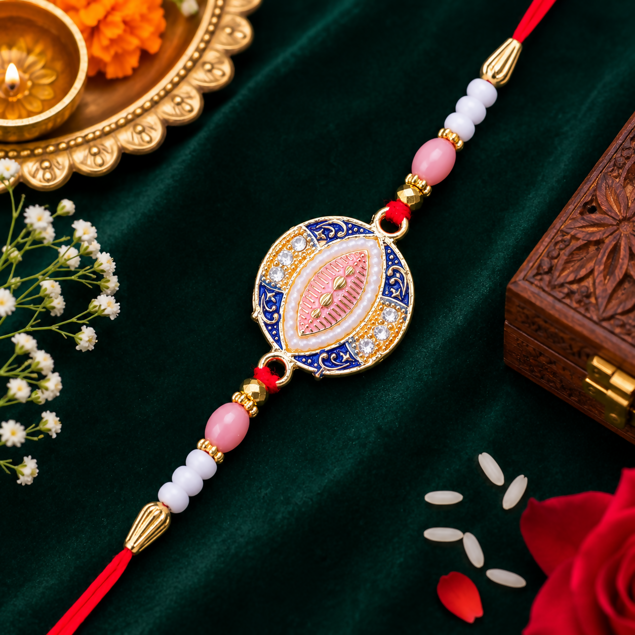 A blue, pink, and gold Rakhi with a central oval design, surrounded by small white stones and pearls, rests on a dark green