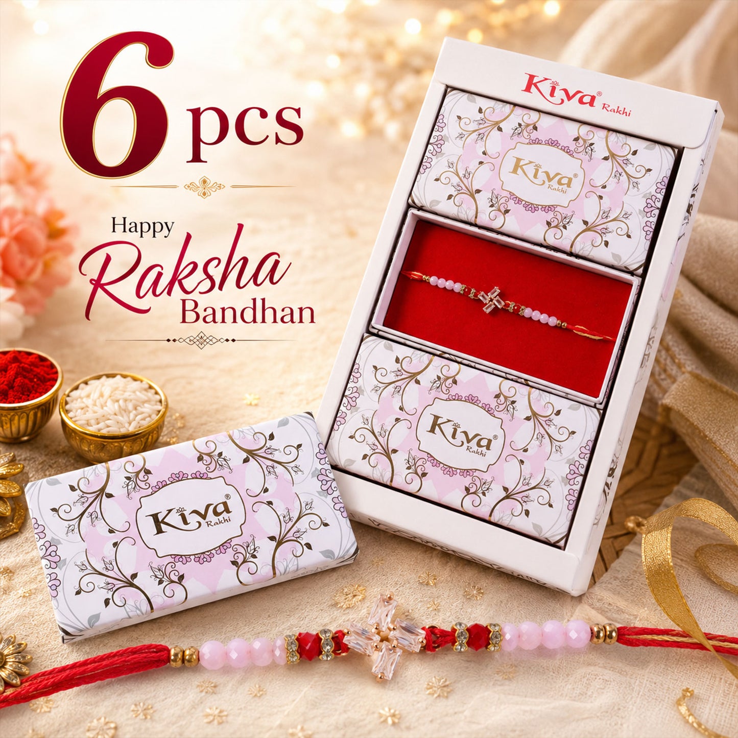 Crystal Cross Star Rakhi with Soft Pink Beads, Roli Chawal Coin and Elegant Gift Packing