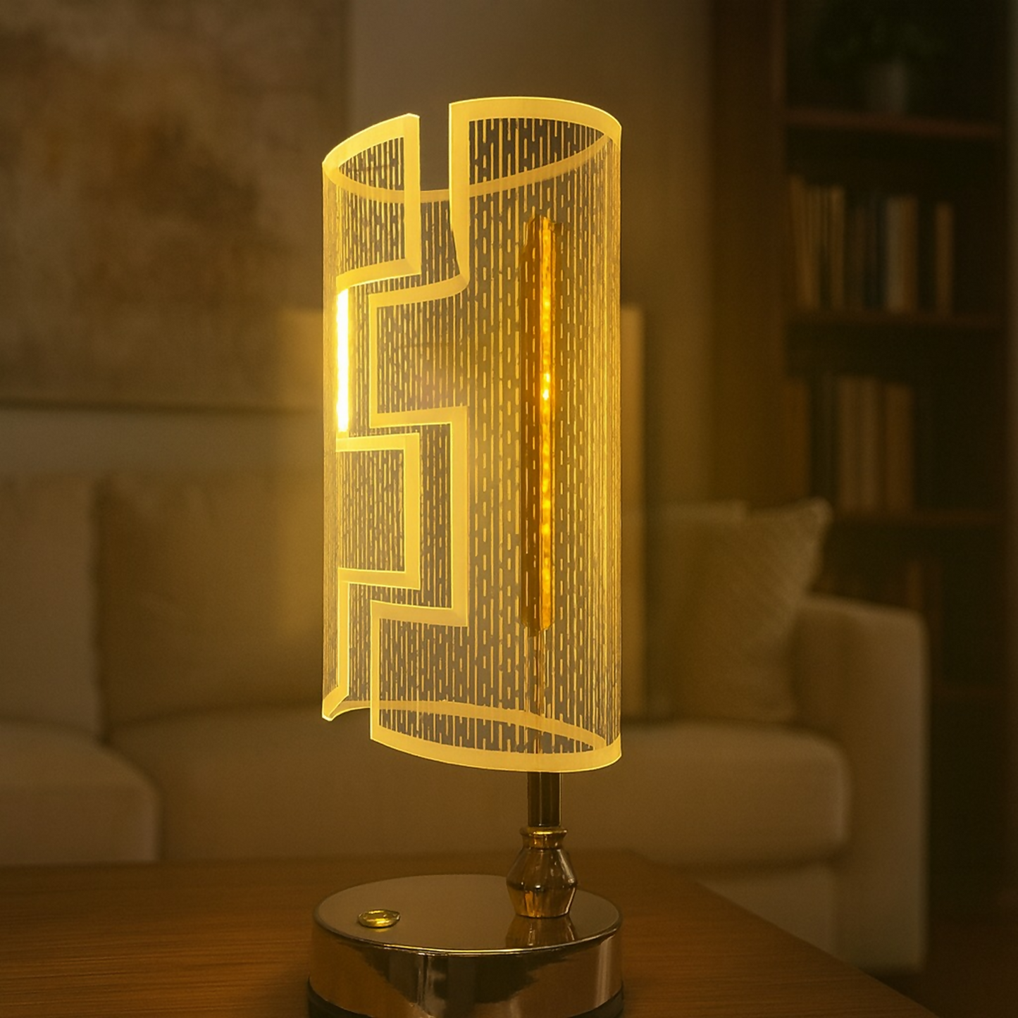 Premium Geometric LED Table Lamp for Home Décor | Modern Gold Metal Body with Designer Cut-Pattern Shade | Warm Ambient Light for Bedroom, Living Room & Office | Stylish Decorative Bedside Night Lamp for Gifting & Decoration