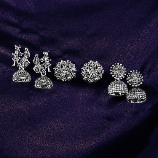 Silver Oxidized Earrings With Different Pattern (3Pc)