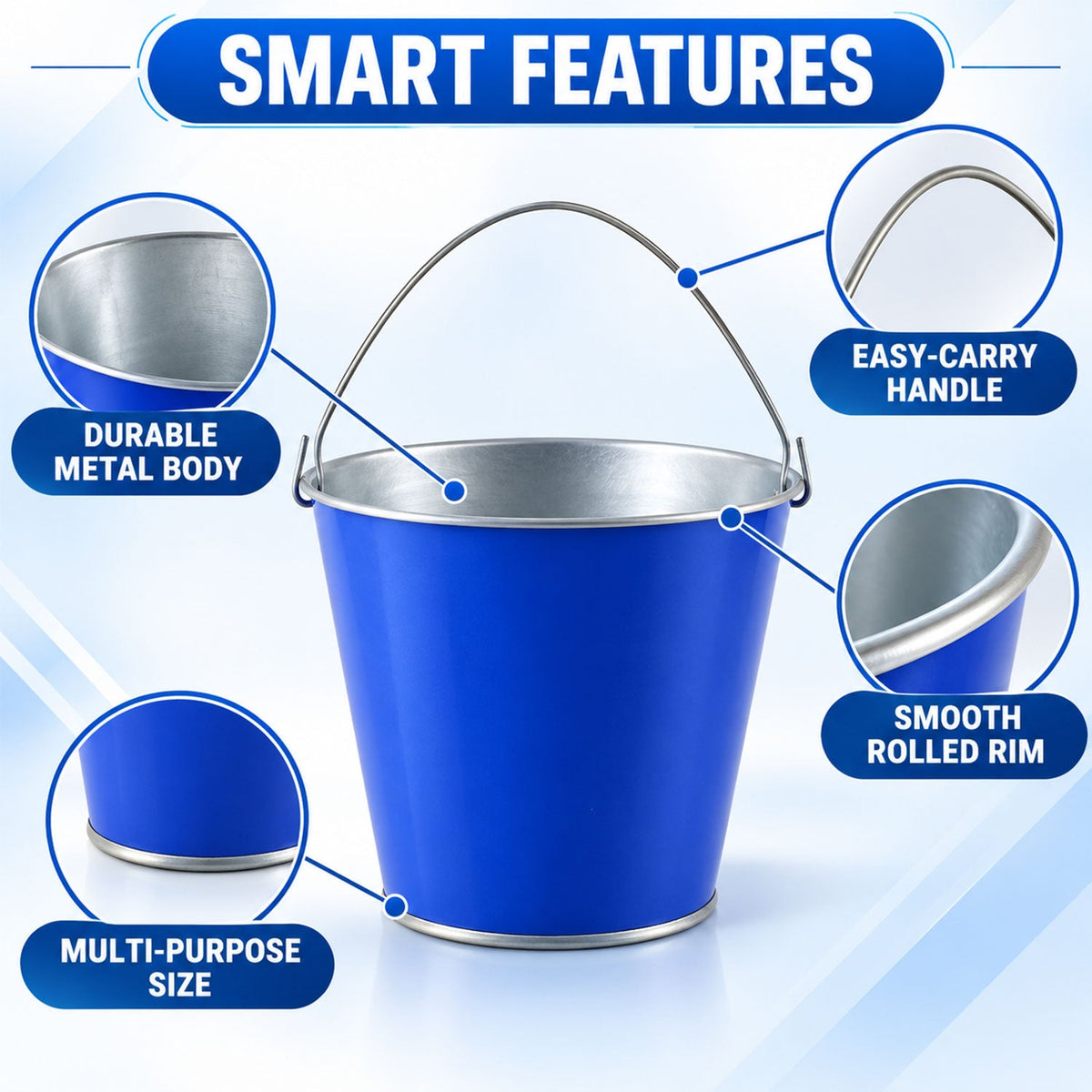 A blue metal bucket with callouts emphasizing its durable metal body, easy-carry handle, smooth rolled rim, and