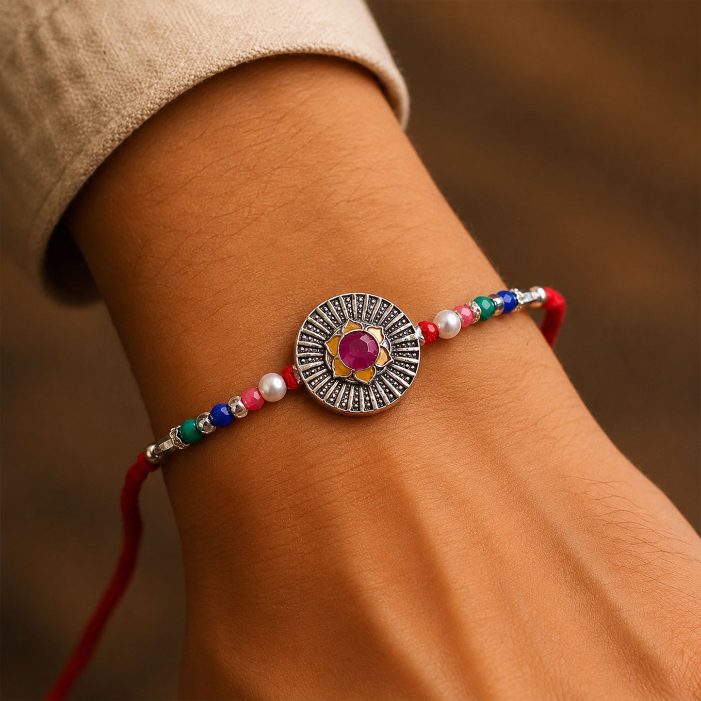 Sunburst Stone Rakhi with Magenta Centre, Pearl Beads, Roli Chawal Coin and Card Packing