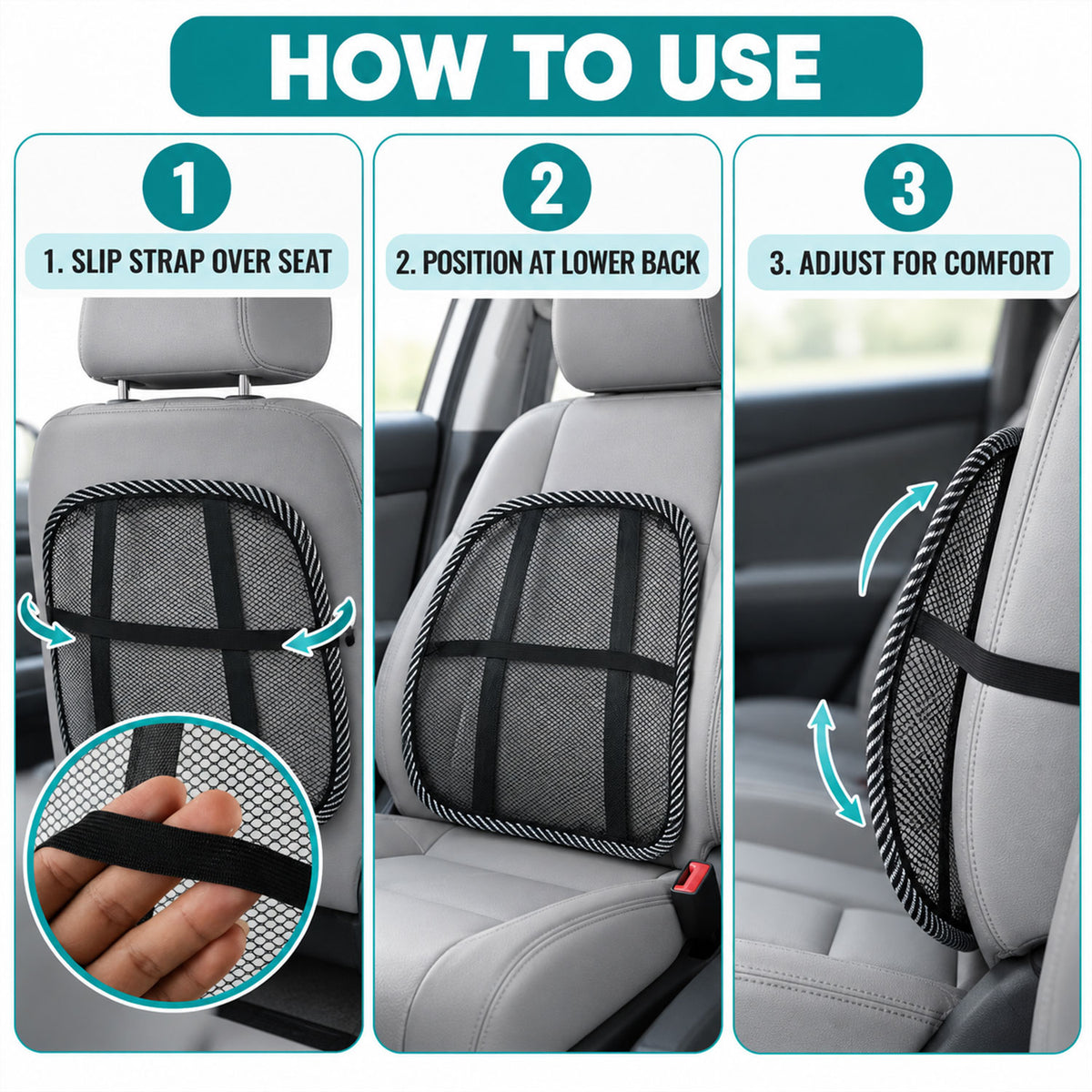 Breathable Mesh Car Seat Back Support with Elastic Strap (1 Pc)
