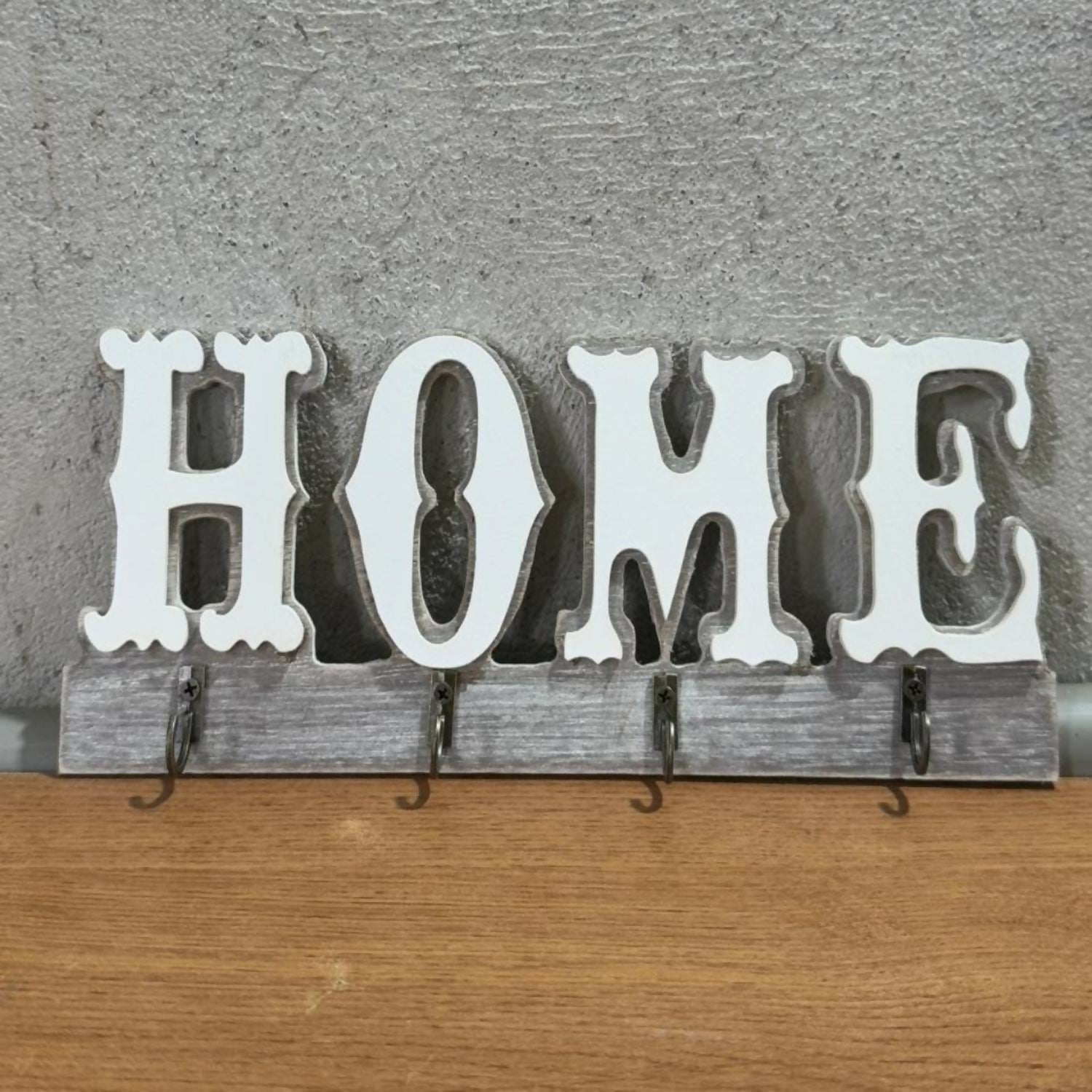 Rustic Wooden Wall Key Holder with “HOME” Letter Design – Decorative Wall Mounted Key Rack with 4 Metal Hooks for Entryway, Living Room & Office Organizer
