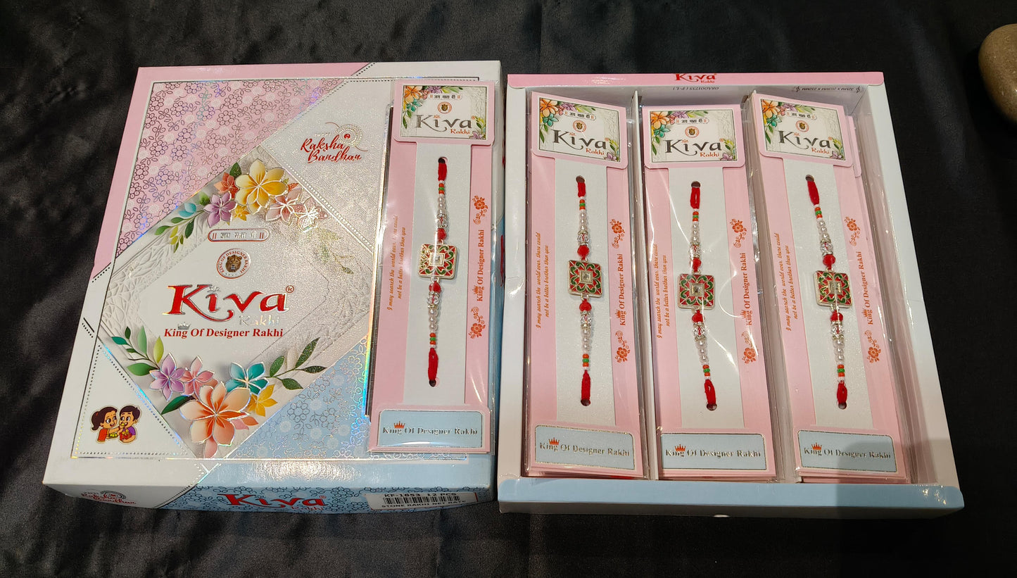 Combo Pack of 12 Designer Rakhis with Red-Green Enamel Square Motif and Pearl Beaded Thread – Premium Festive Gift Box
