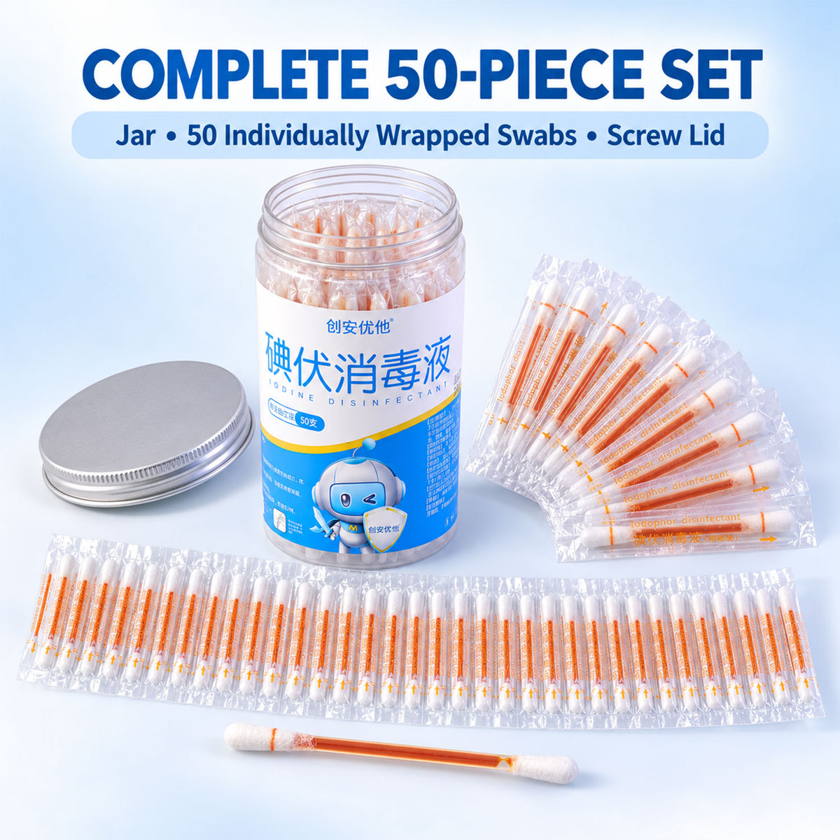 Individually Wrapped Iodine Swab Sticks with Dual Cotton Tips (50 Pc)