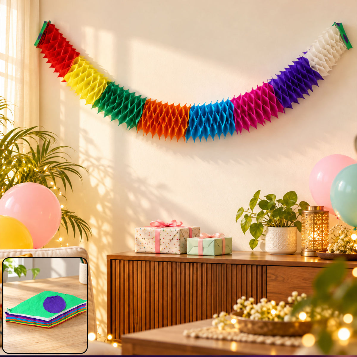 Multicolour Honeycomb Paper Garland for Party Decor (Approx. 2.5 m, 1 Pc)