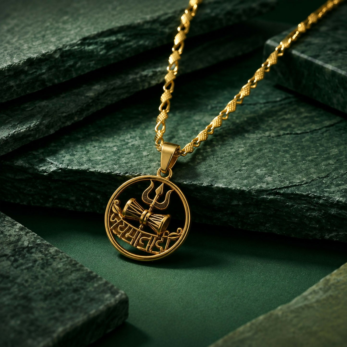 Close-up of sacred Lord Shiva inspired pendant, gold finish