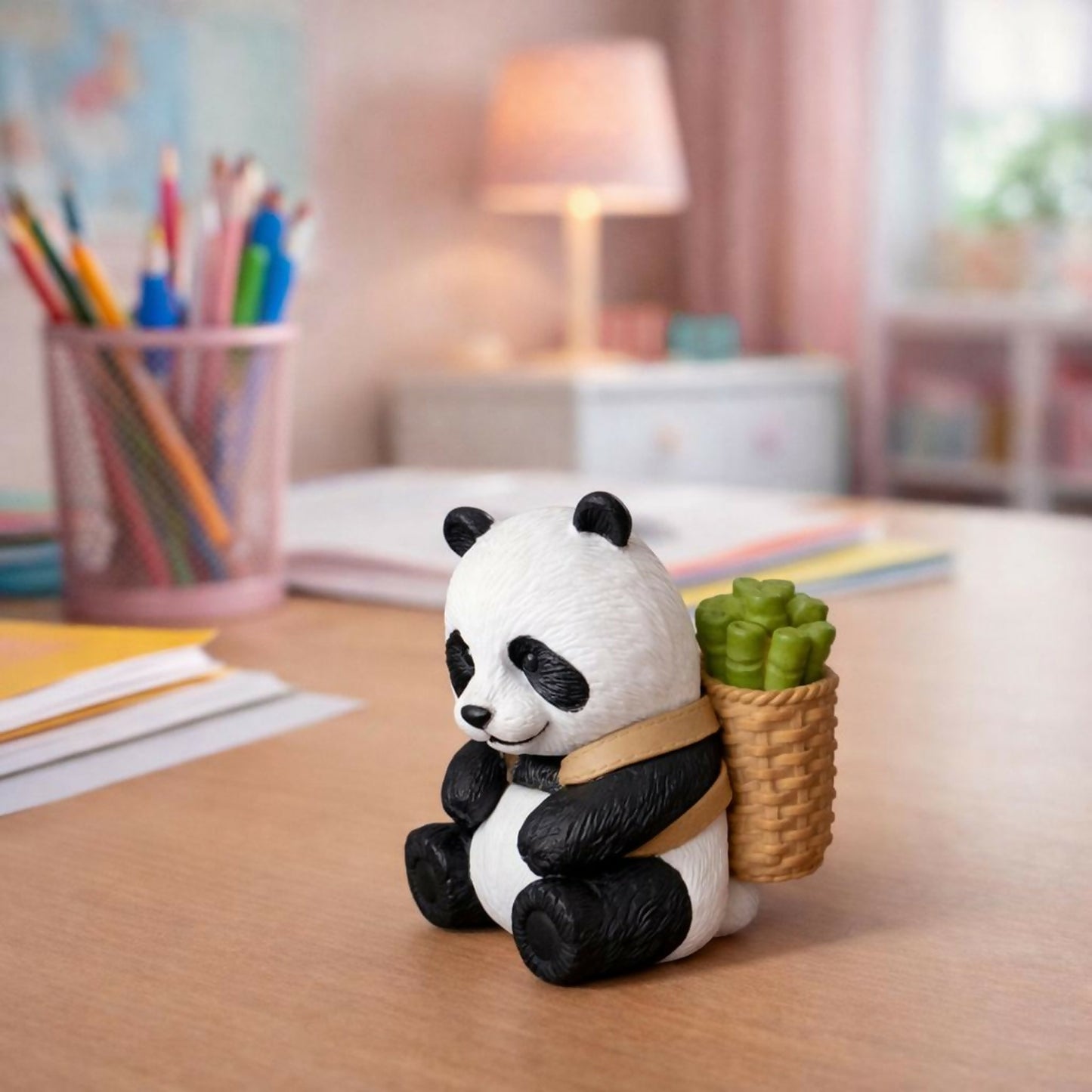 Cute Panda Bamboo Basket poly-resin Showpiece | Mini Panda Decorative Figurine