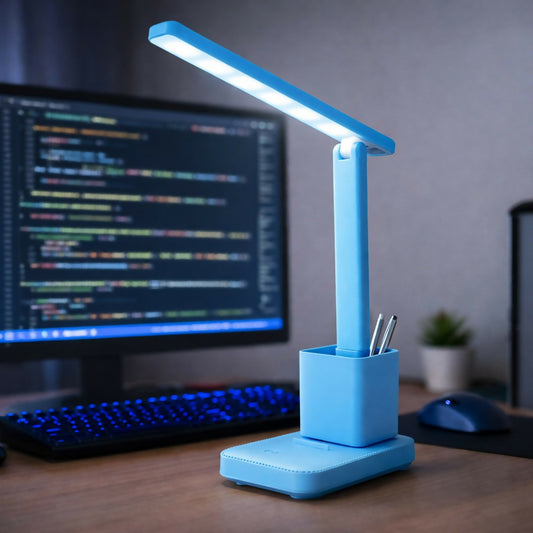 Blue LED study lamp with pen holder on a desk