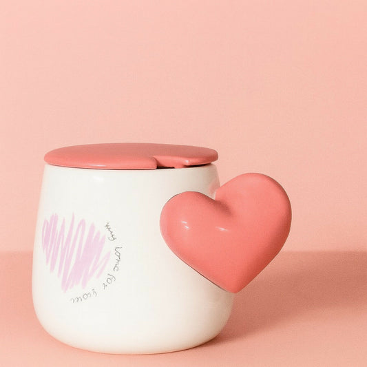 Cute Heart Handle Ceramic Mug with Lid | Premium Gift Mug for Coffee & Tea