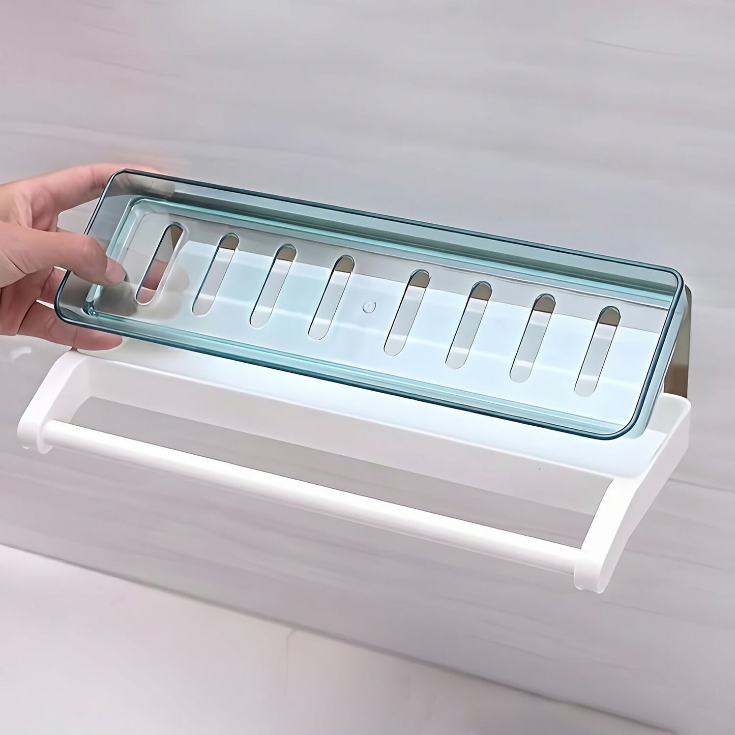 Modern bathroom shelf with built-in towel holder and organized items