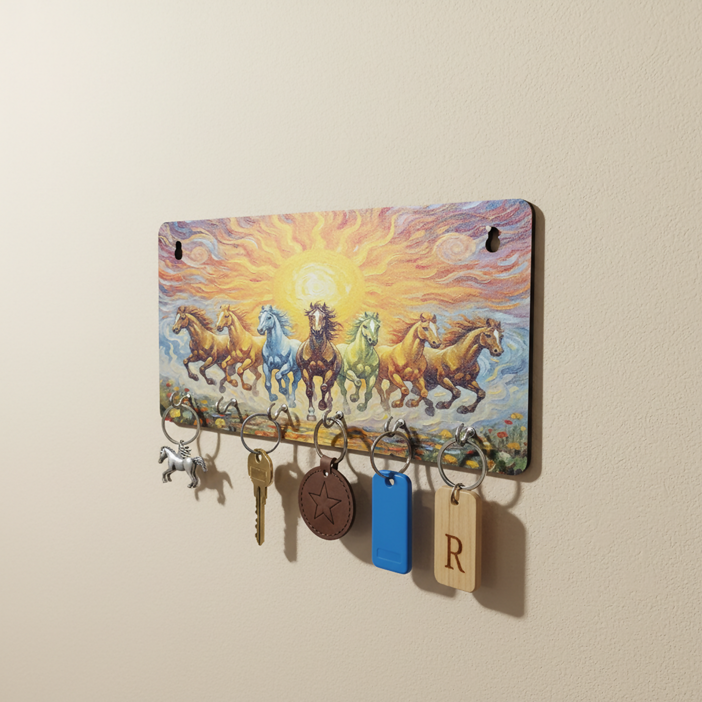 Front view of pine wood key holder featuring vibrant Hindu devotional art