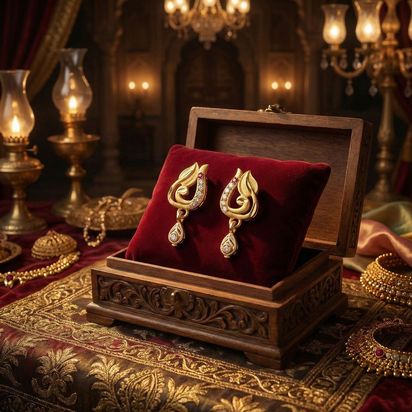 Traditional Curved Leaf Style Gold Stud Earrings With Crystal Detailing And Drop Charm