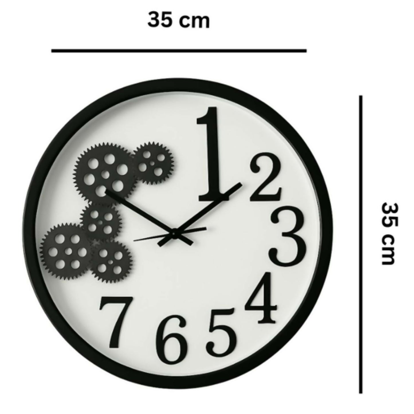 Modern Black & White Gear Design Wall Clock – 35 cm Large Decorative Round Analog Clock with Silent Quartz Movement, Stylish Number Pattern – Living Room, Bedroom & Office Wall Décor