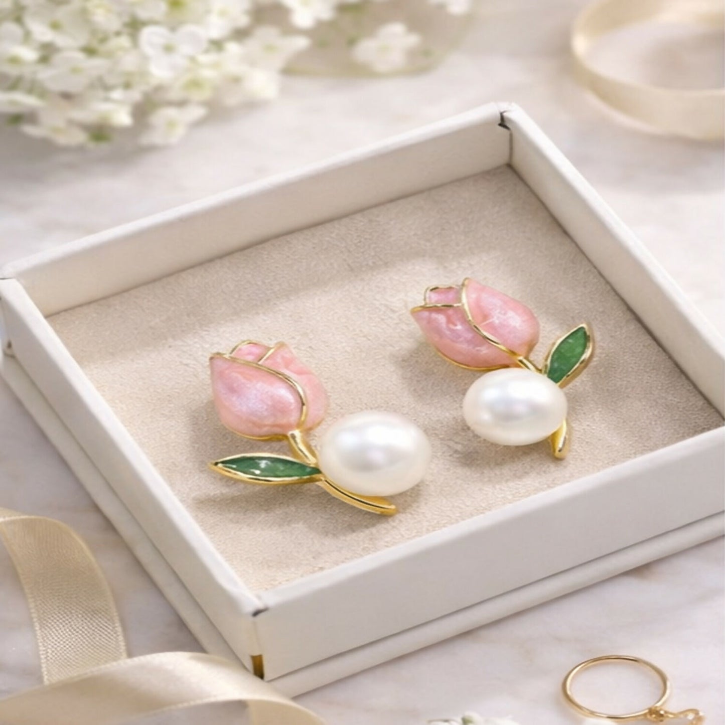 Luxury Pink Tulip Pearl Stud Earrings for Women & Girls – Gold Plated Floral Designer Earrings