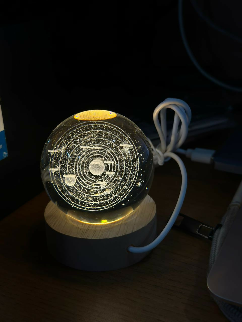 3D Crystal Solar System Night Lamp with Wooden Base, USB Powered Light