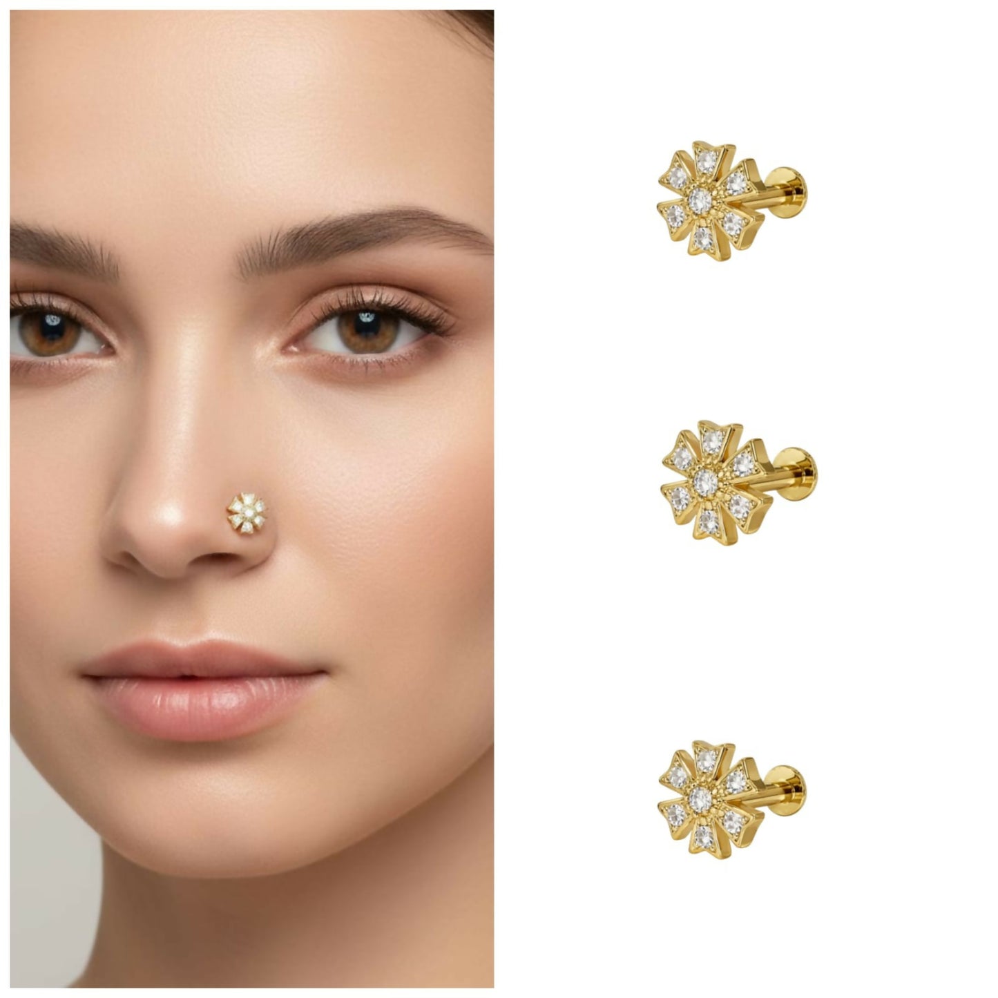 Close-up of gold plated floral nose pin stud with seven-stone flower design