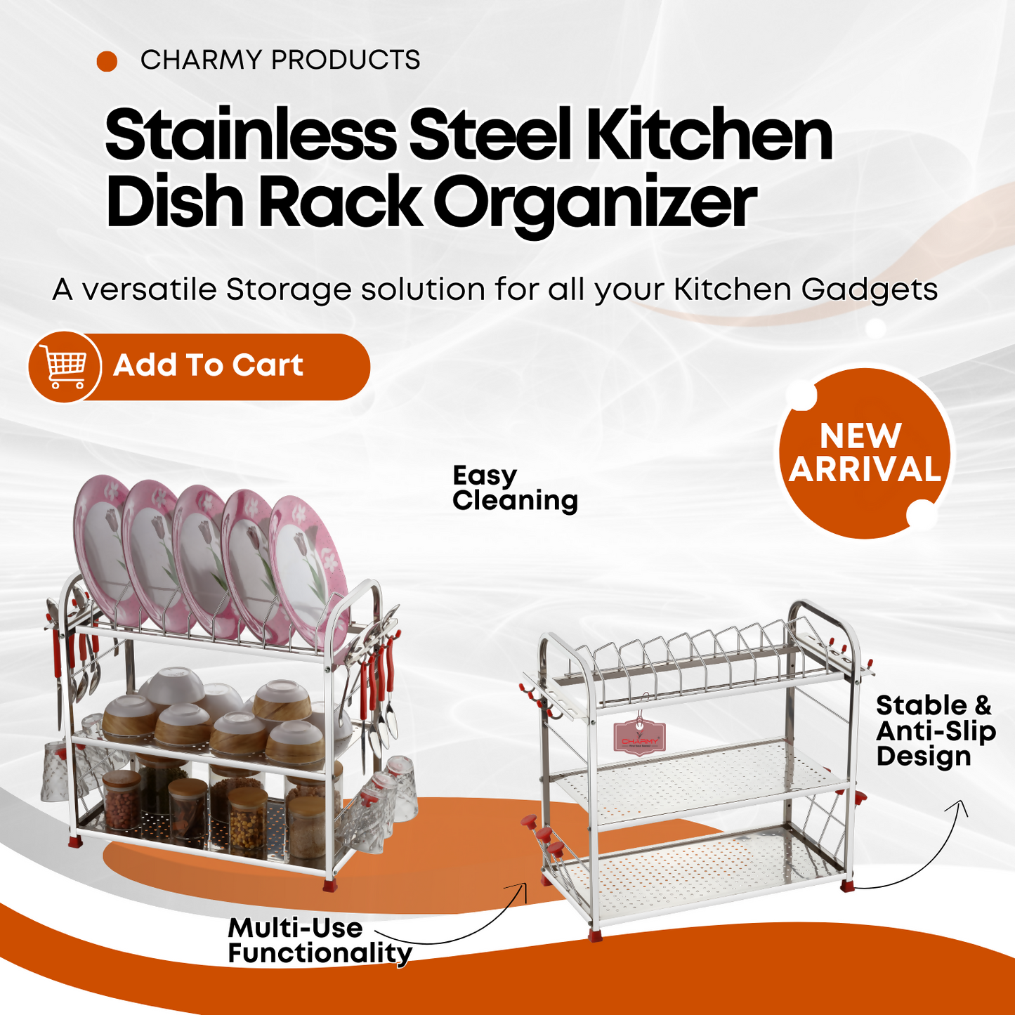 Regular Stainless Steel 18 x 18 Dish Rack | 2-Tier Kitchen Utensil Drainer | Plate Stand with Cutlery & Glass Holders