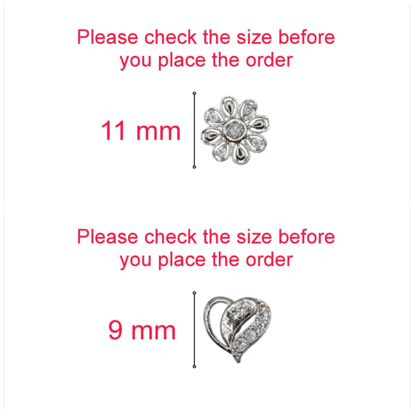 Silver heart and flower stud earrings worn on ear showing shine and detail