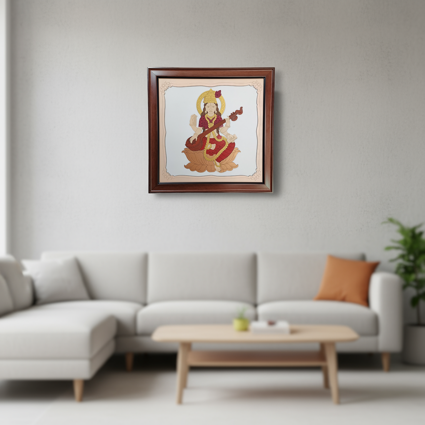 Goddess Saraswati Wooden Framed Wall Art | Handcrafted Hindu Religious Painting for Home, Office & Pooja Room | Premium Spiritual Decor