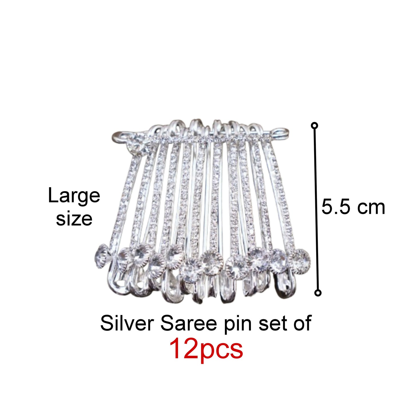 Silver Tone Crystal Dangle Saree Pin Brooch - 12 Pin Rhinestone Clip