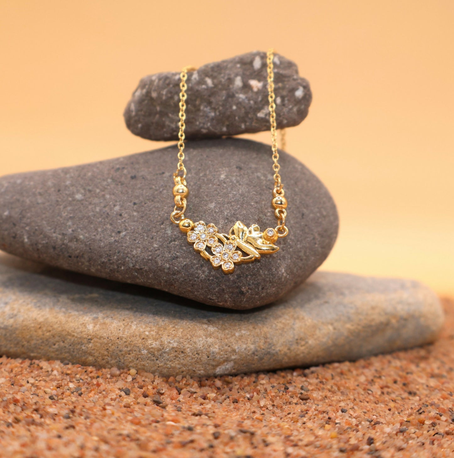 Gold Flower & Butterfly Necklace AD Floral Pendant For women and girls