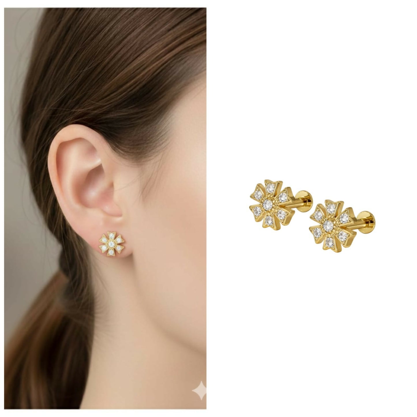 Close up of radiant gold plated floral crystal flat back stud earrings showing clear crystals
