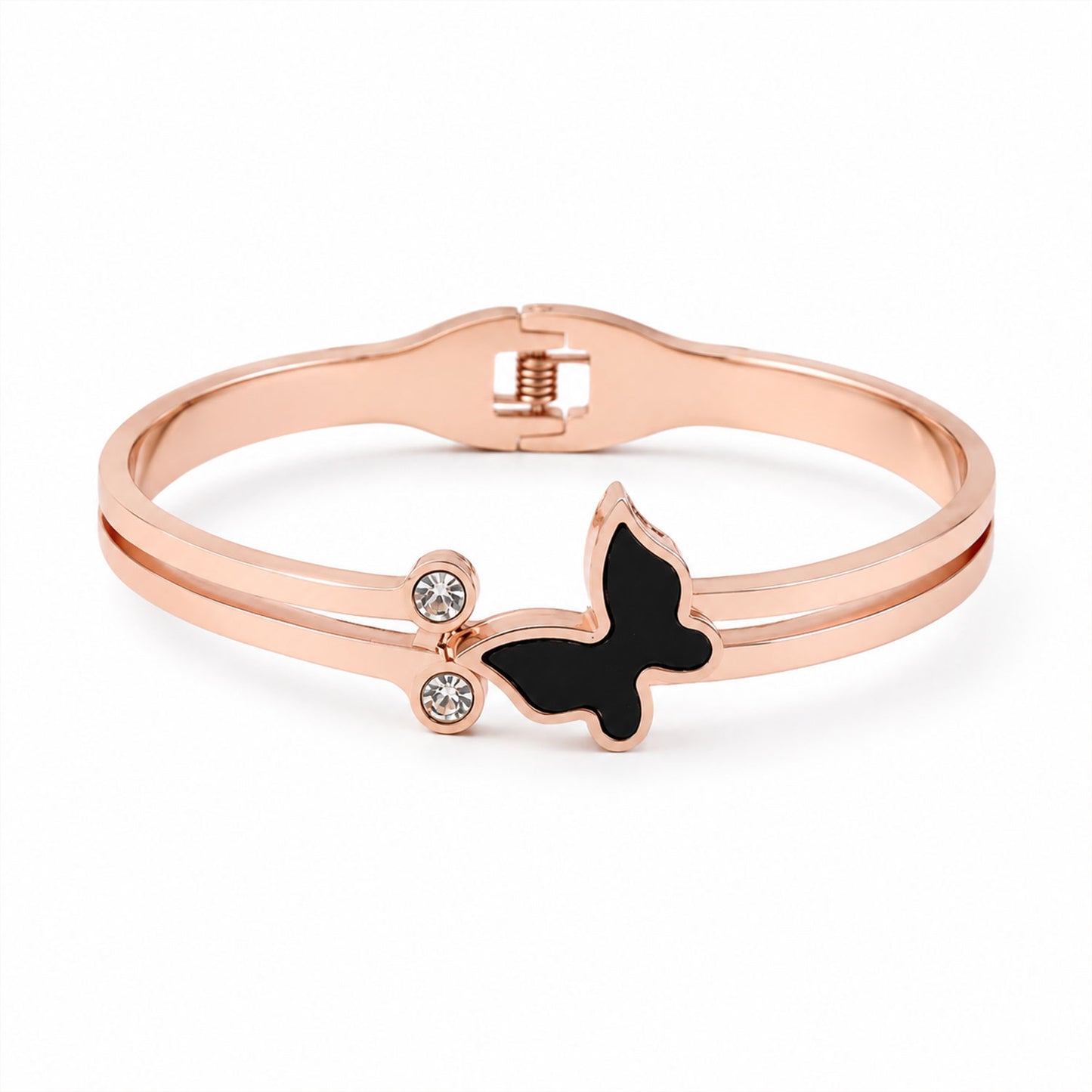 Rose Gold Round Dial Watch with Black Butterfly Charm Bracelet for Women