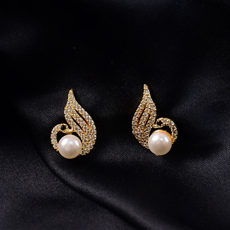 Pearl Swan Stud Earrings with Crystal Wings and Gold Finish for Women