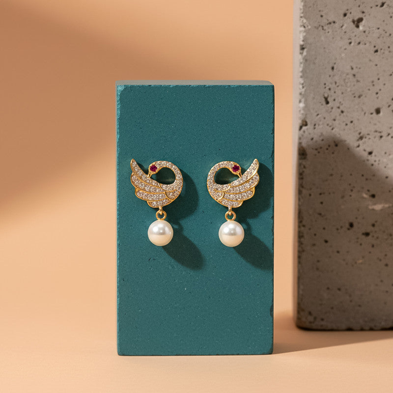 Pearl Drop Swan Design Stud Earrings with Crystal Detailing and Gold Finish