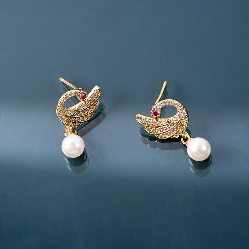 Pearl Drop Swan Design Stud Earrings with Crystal Detailing and Gold Finish
