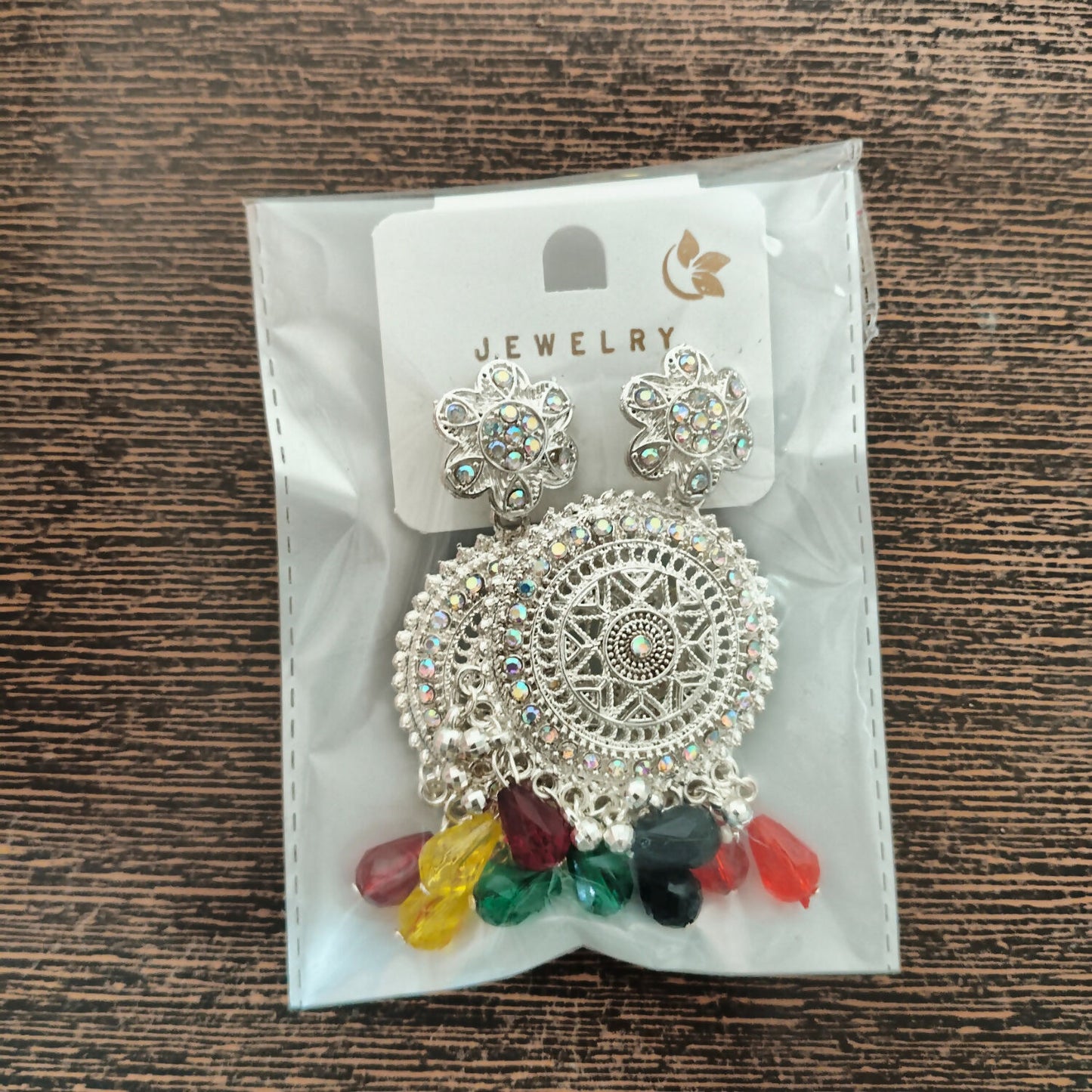 Silver-Tone Oxidized Bohemian Mandala Drop Earrings with Multi-Color Crystal Beads