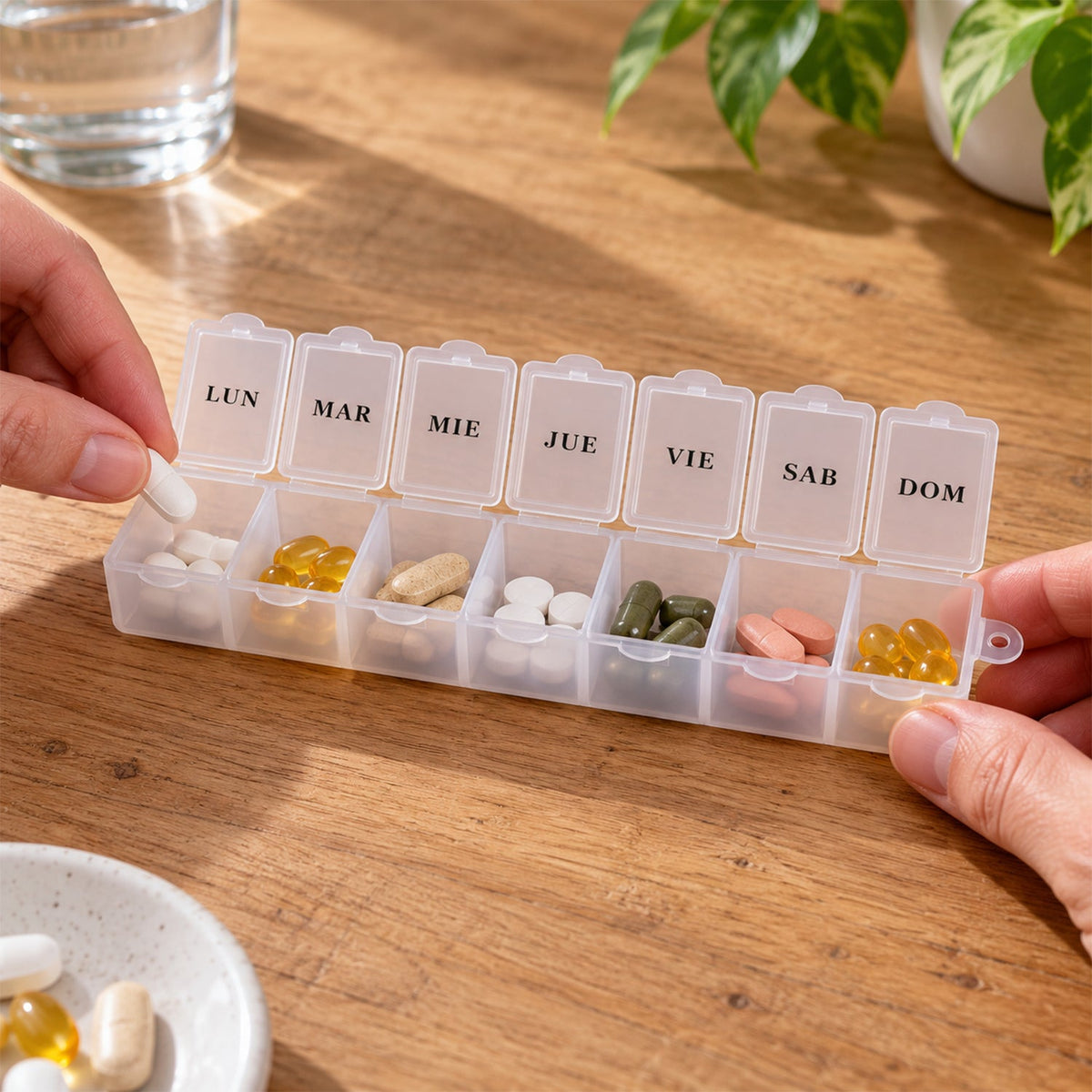 Two hands open the Monday compartment of a clear 7-day pill box, revealing various colored pills inside.