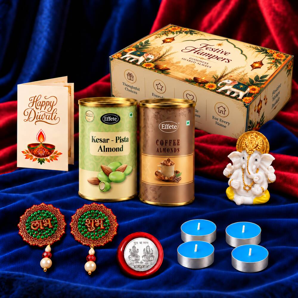 A festive hamper box, Ganesha idol, four blue tealights, Diwali card, two almond tins, two decorative hangings, and – view 3