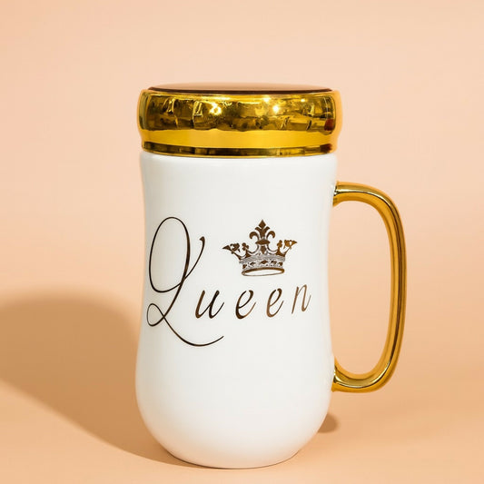 Premium Queen Ceramic Mug with Lid | Luxury Golden Handle & Crown Print | Stylish Tea & Coffee Cup for Women | Elegant Gift Mug for Wife, Girlfriend, Sister, Mom | Heat-Retaining Lid | Designer Mug for Home & Office (White – Queen Edition)
