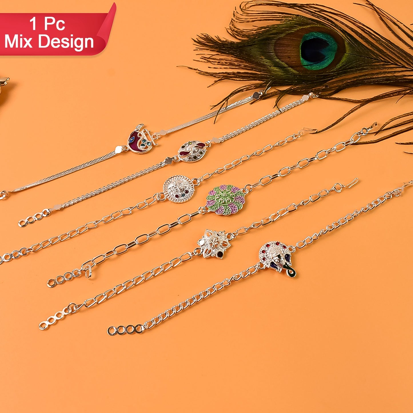 Stylish Mix Design Silver Chain Rakhi for Brother (1 pc / Mix Design)