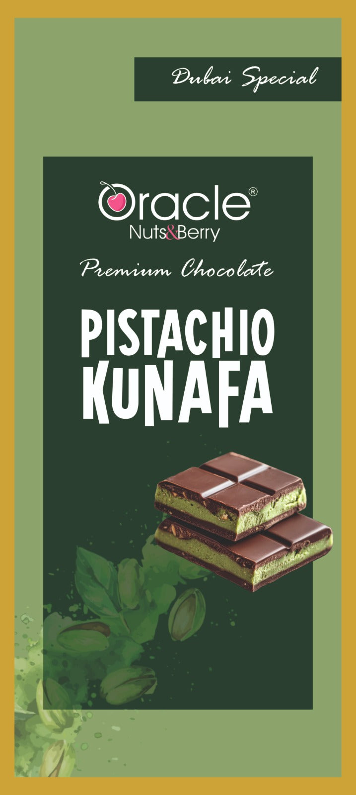 Cross-section of the chocolate bar revealing creamy pistachio and crispy kunafa layers.