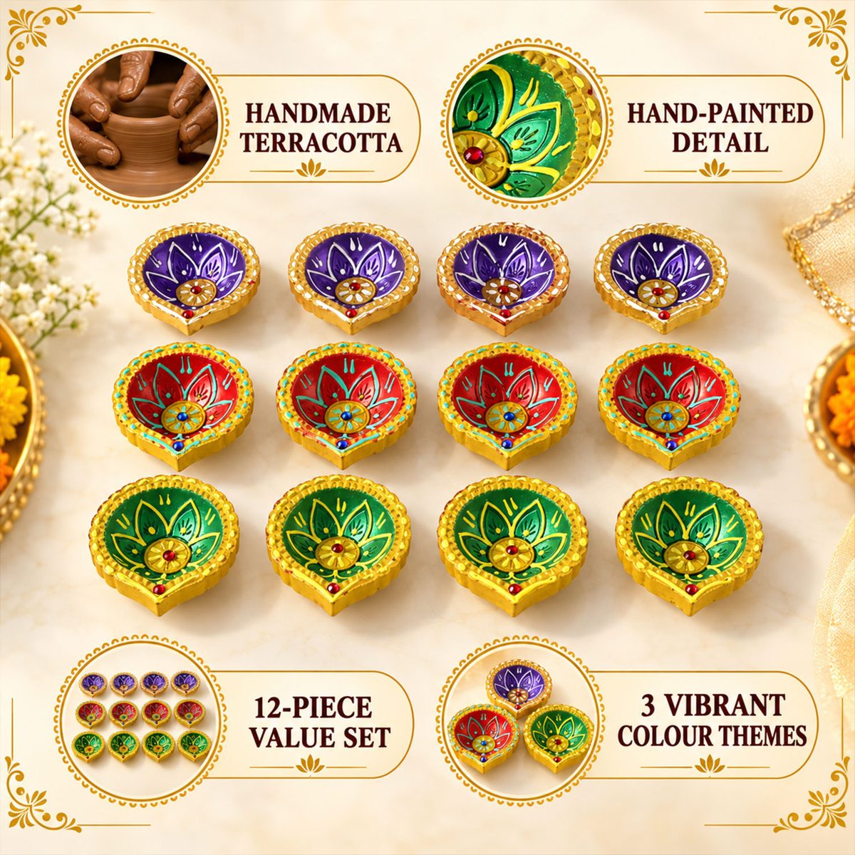 Decorative Painted Clay Diyas with Lotus Motifs and Gold-Tone Rims (12 Pc)