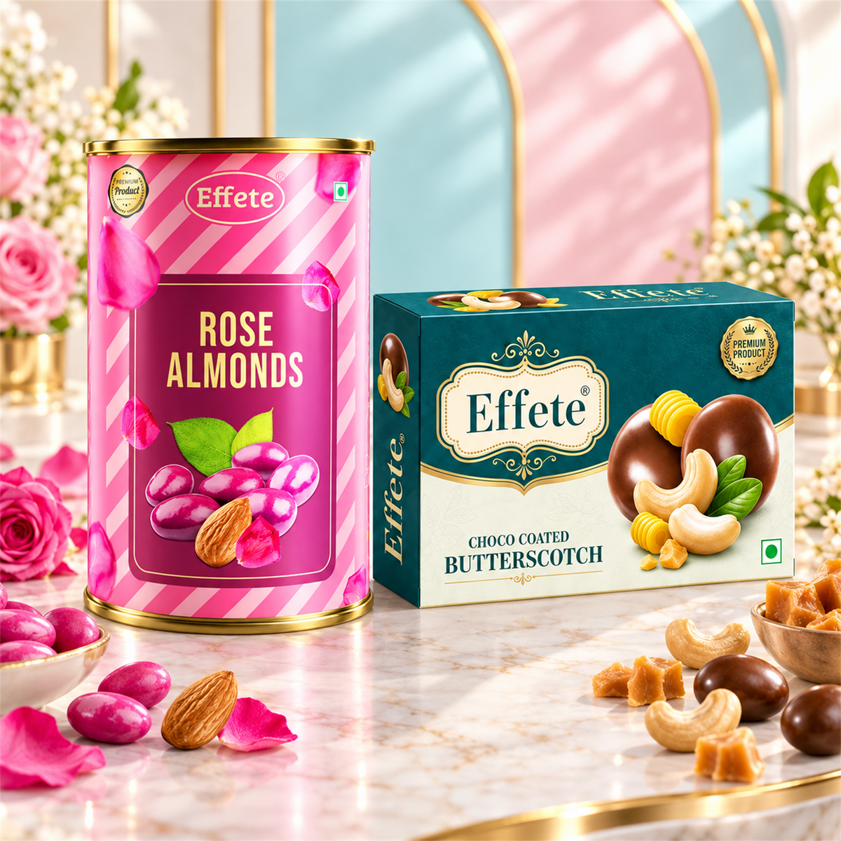 Effete Premium Rose Almonds with Choco Coated Butterscotch Treats for Festive Snacking