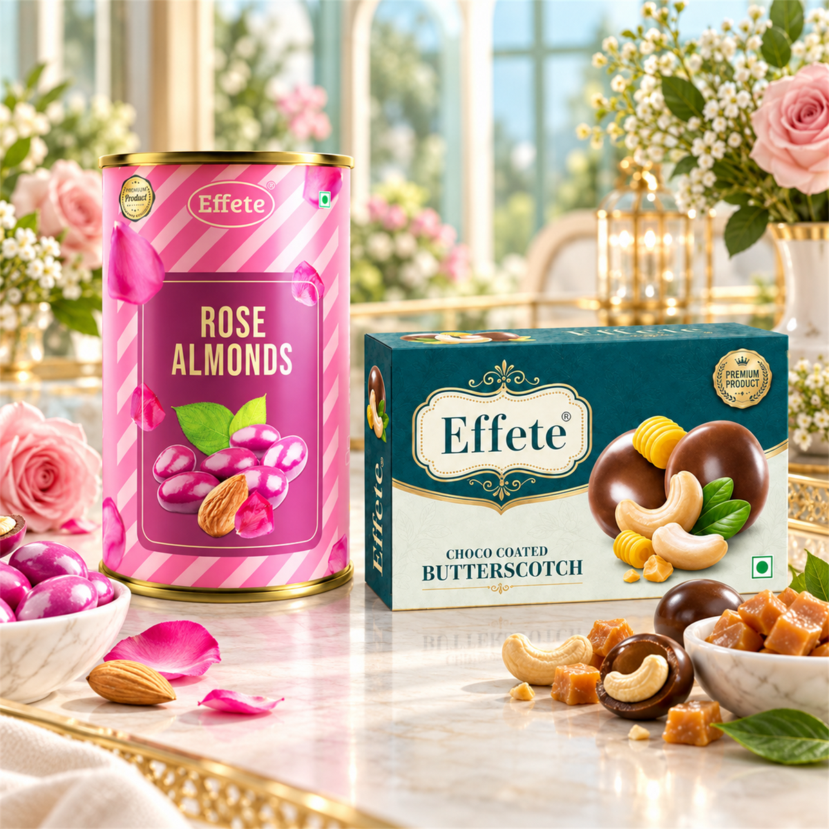 Effete Premium Rose Almonds with Choco Coated Butterscotch Treats for Festive Snacking