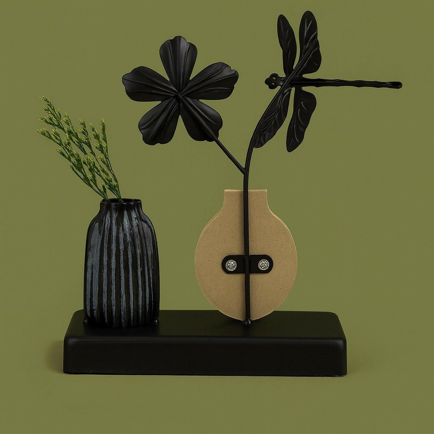 Decorative Metal Dragonfly & Flower Showpiece with Wooden Base – Black & Gold Artificial Flower Vase with Side Pot, Modern Tabletop Home Décor for Living Room, Bedroom, Office & Gift Purpose