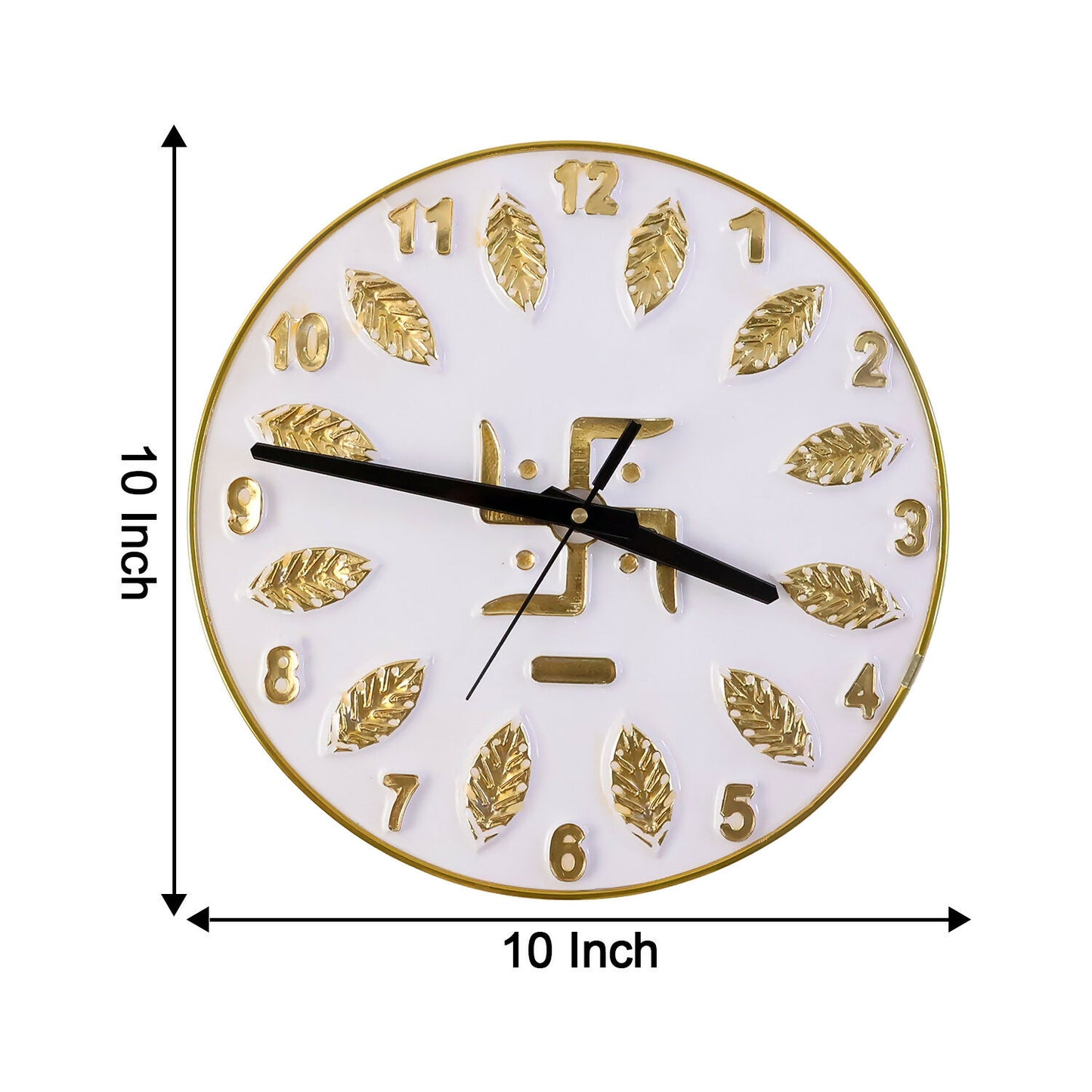 Silver resin art wall clock featuring Swastik and leaf accents